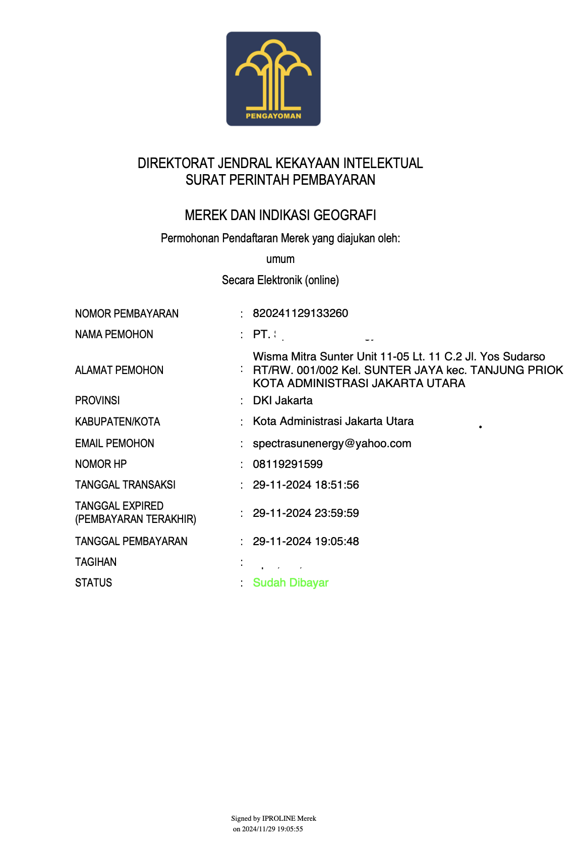 HES Brand registration in Indonesia